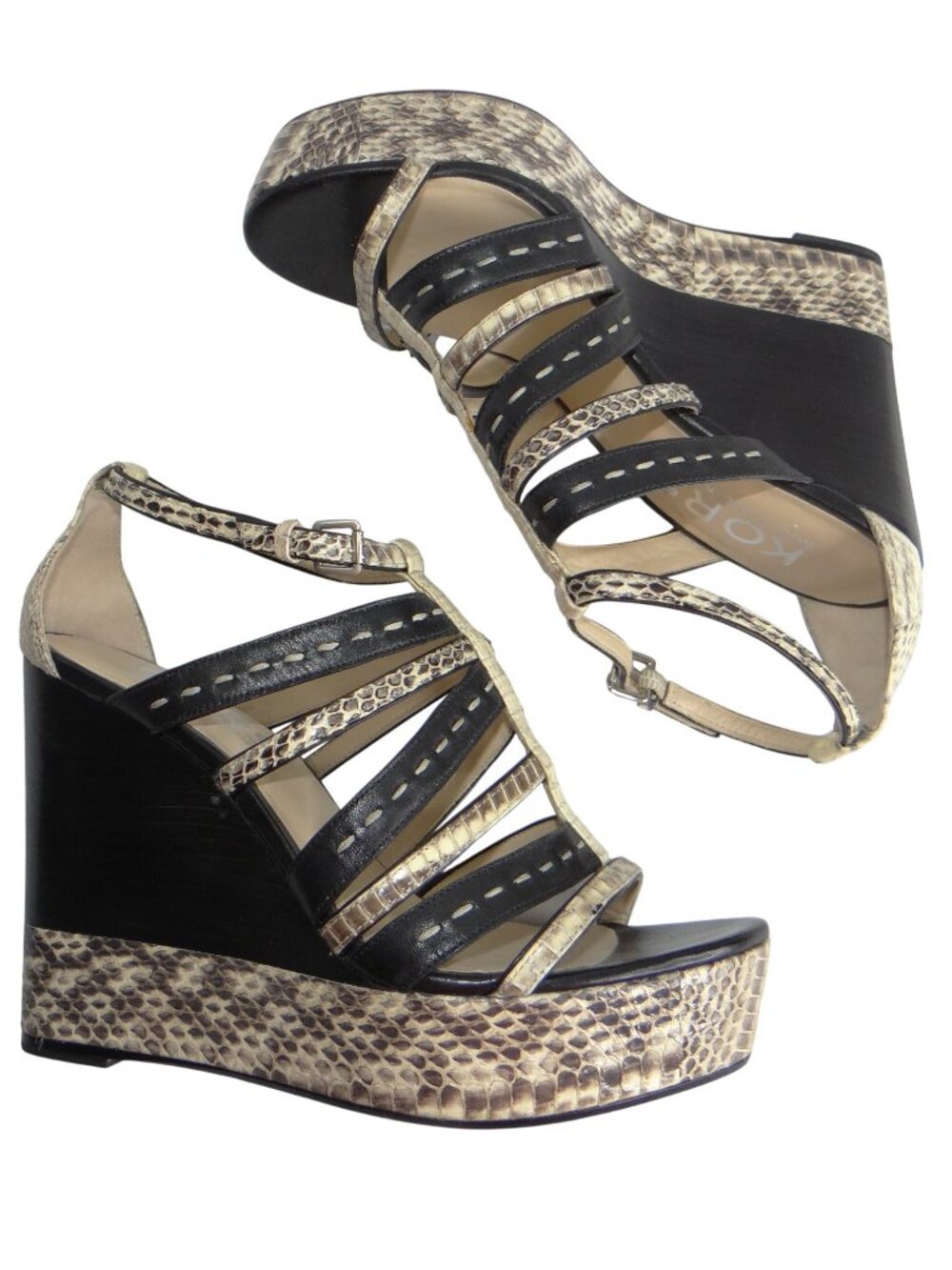 KORS Michael Kors Snakeskin Leather Platform Wedge Sandals Black Cream 8M 2697